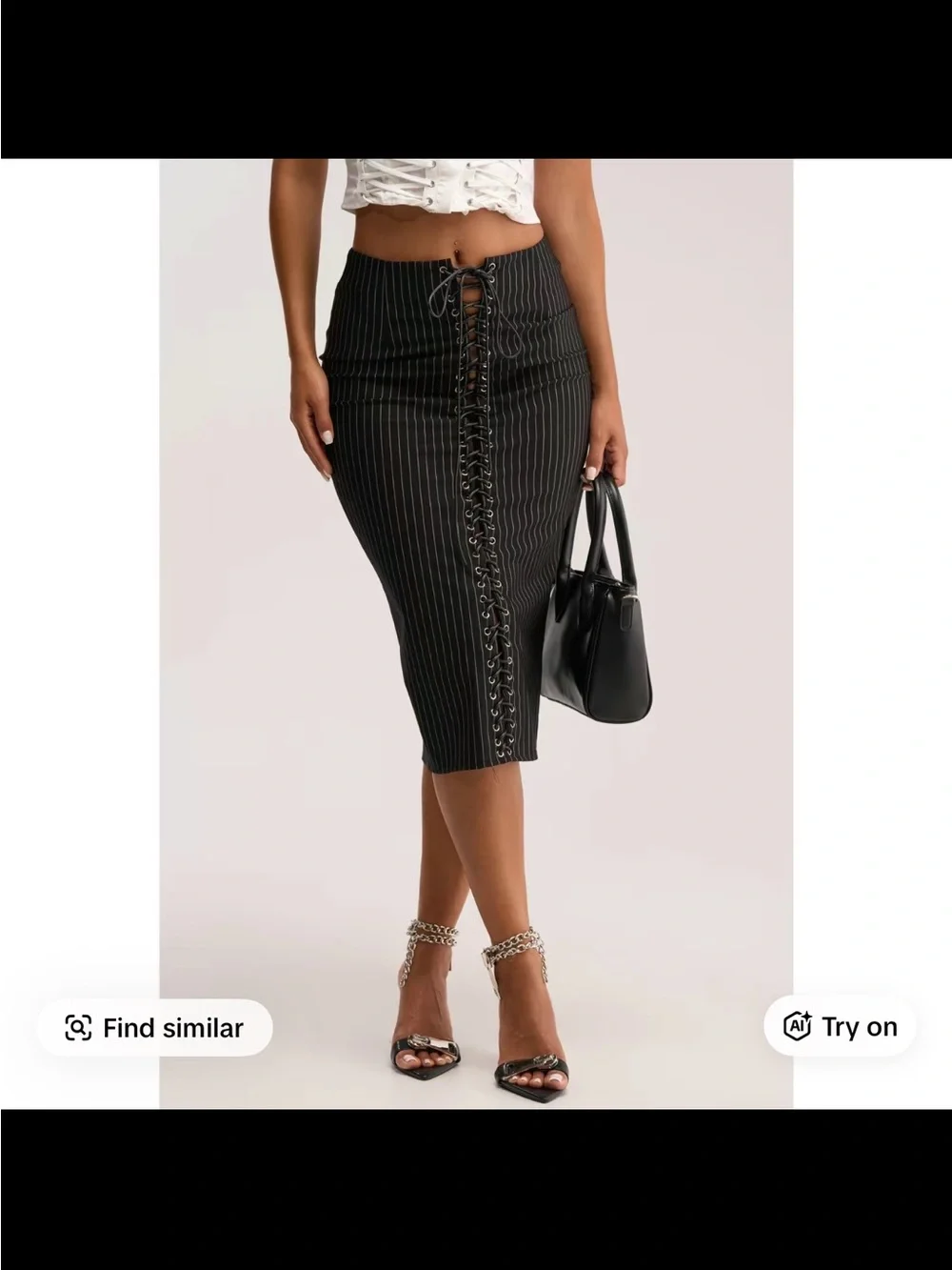 AKIRA Black Pinstripe Lace-Up Midi Pencil Skirt